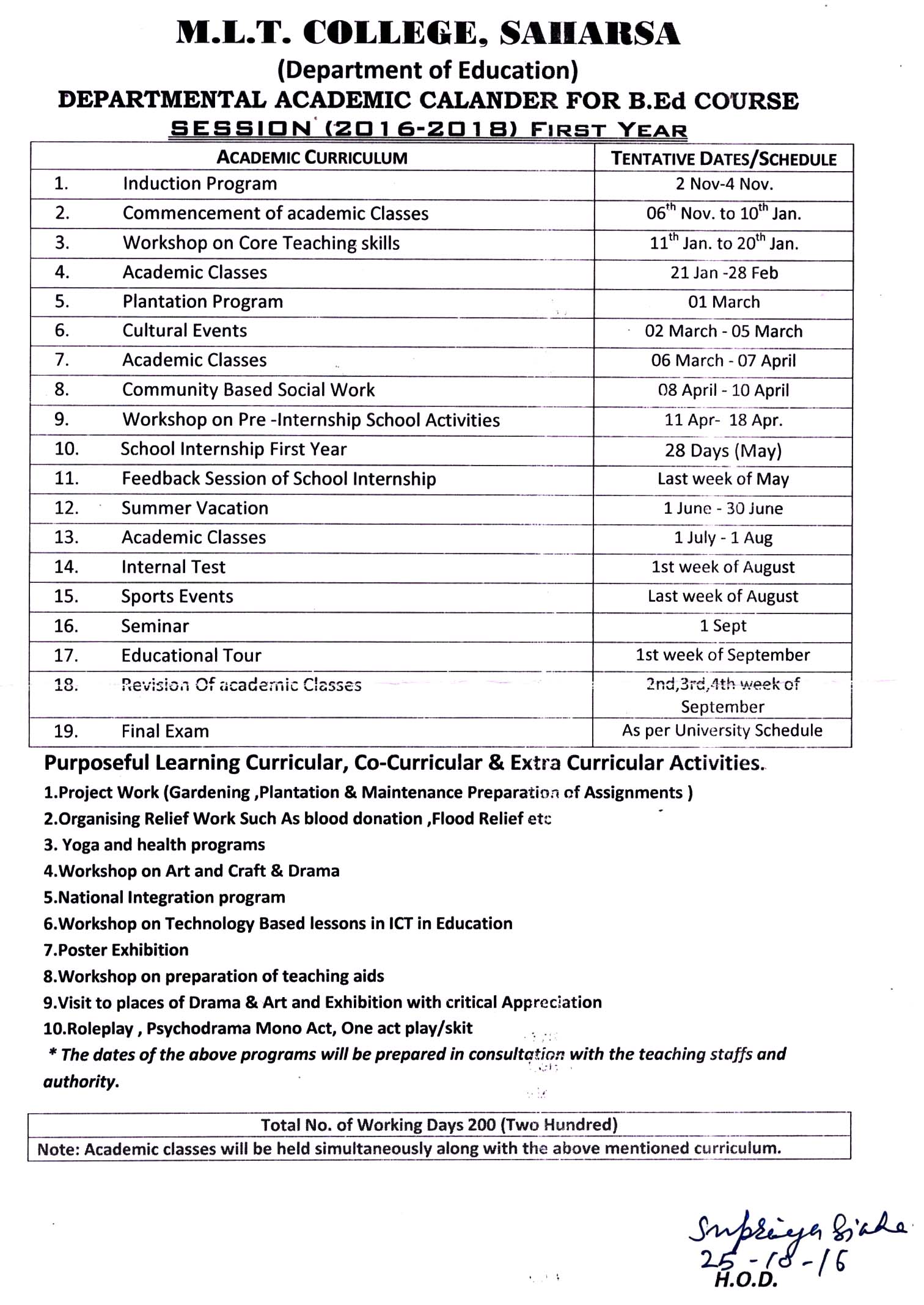 Academic Calendar MLT College B Ed Department Website